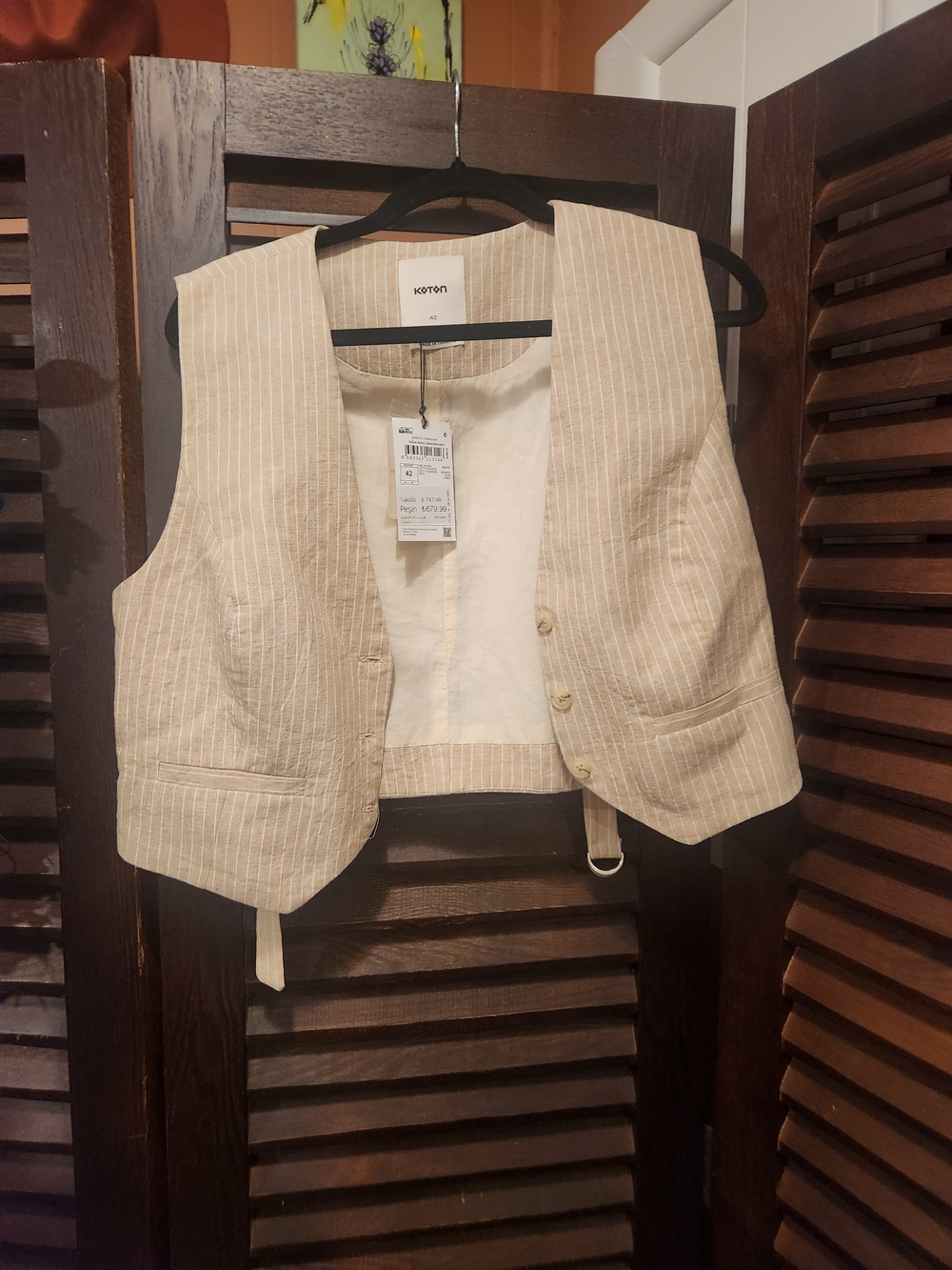 Koton Women's Beige Striped Linen Blend Vest